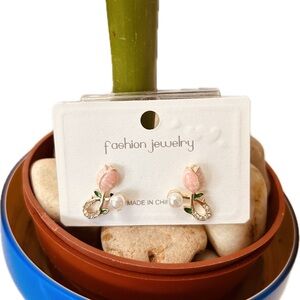 Elegant & Cute Pink Tulip Flower Faux Pearl Rhinestone Floral Korean Earrings